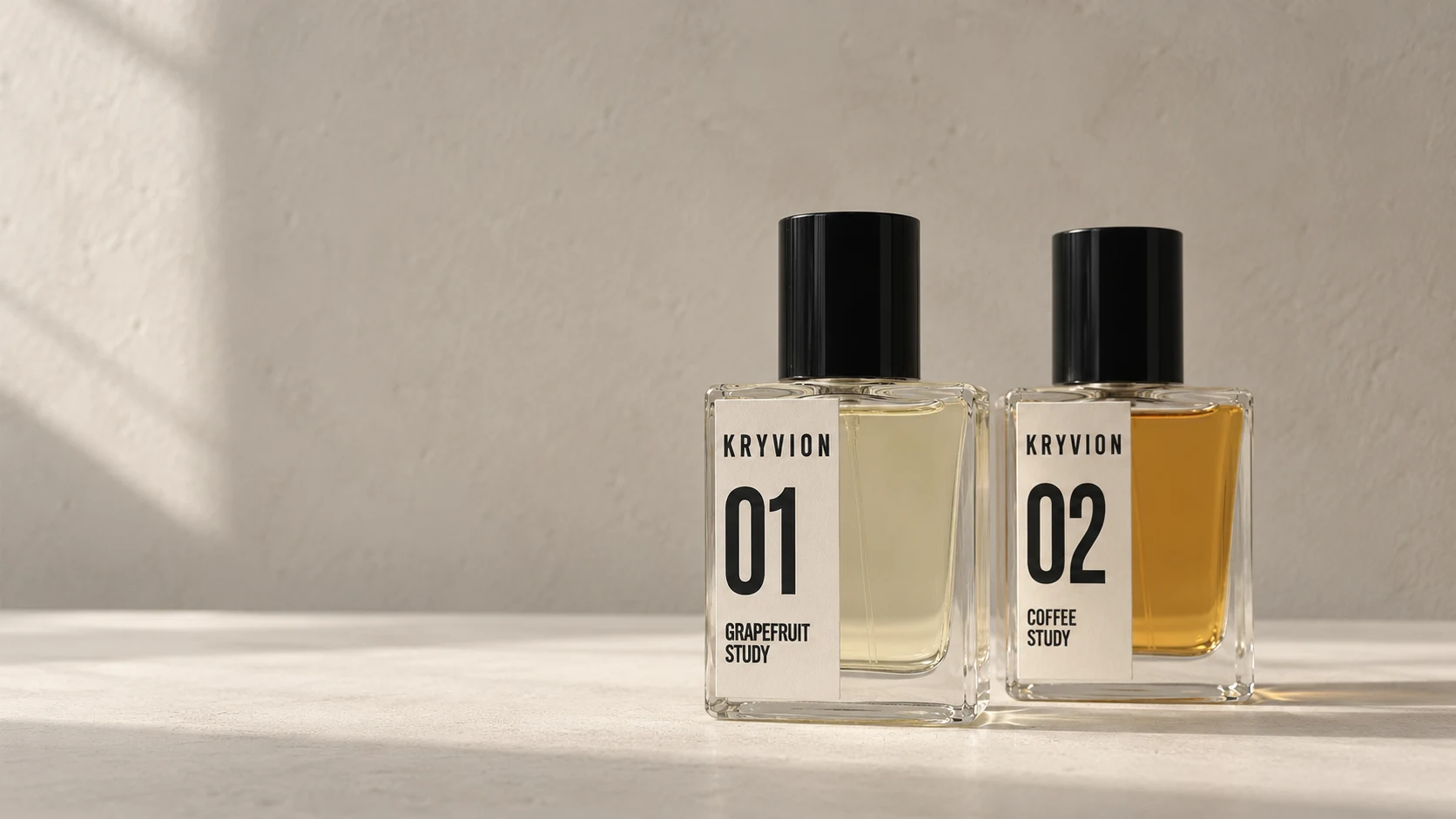 The two KRYVION bottles on a plain tabletop in natural daylight